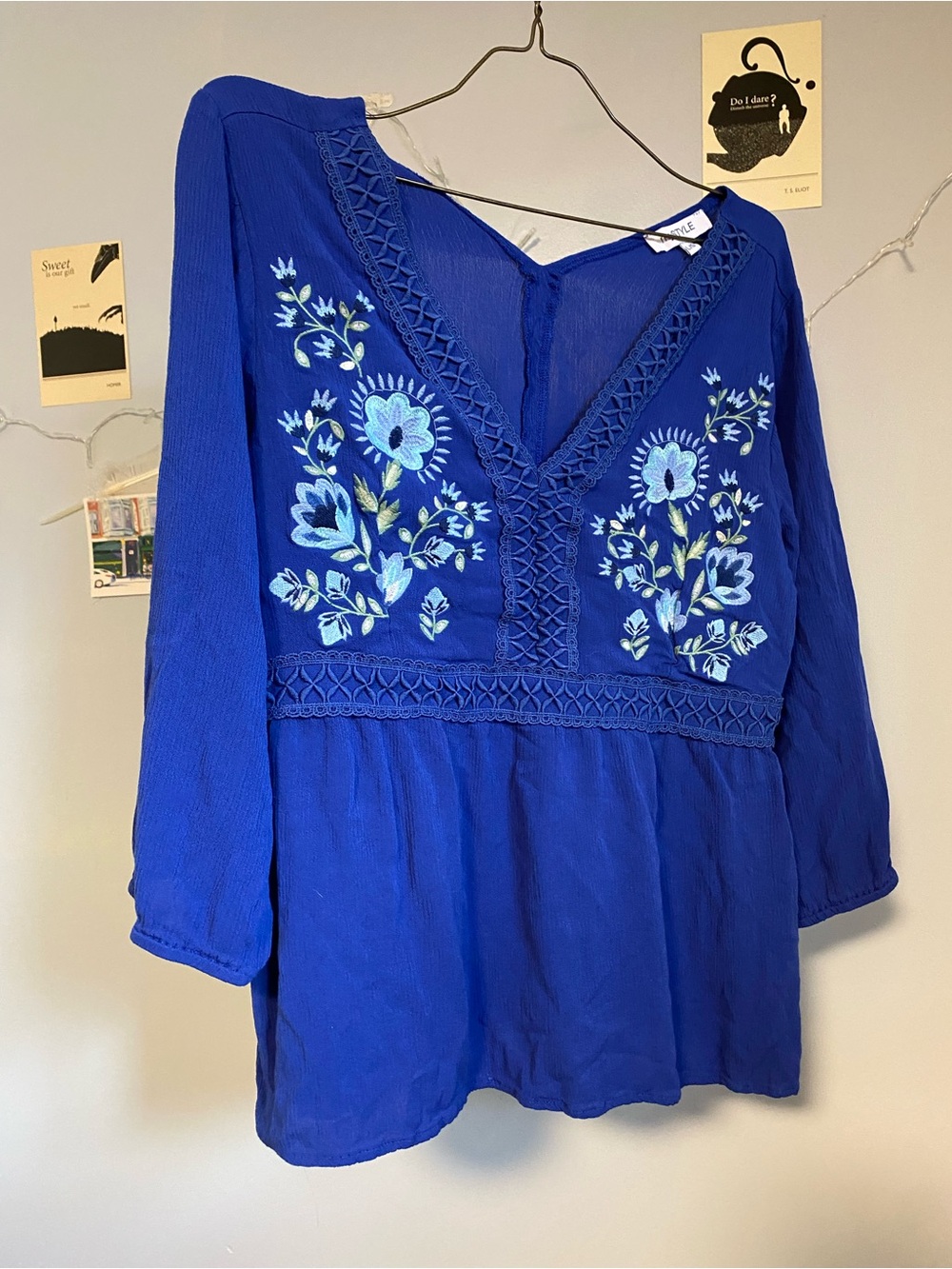 Blue Embroidered V-Neck Women’s Top